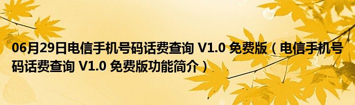 06月29日电信手机号码话费查询 V1.0 免费版（电信手机号码话费查询 V1.0 免费版功能简介）