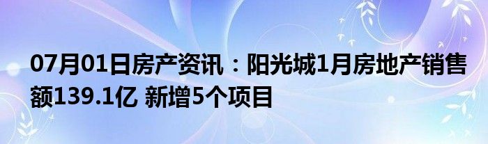 07月01日房产资讯：阳光城1月房地产销售额139.1亿 新增5个项目