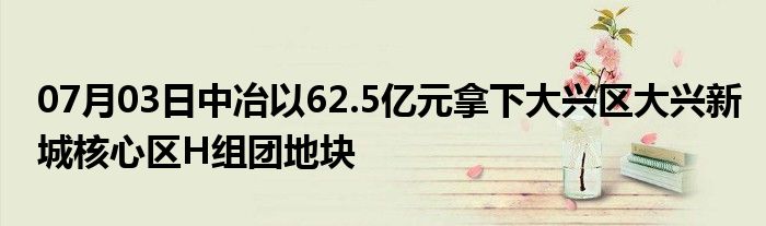 07月03日中冶以62.5亿元拿下大兴区大兴新城核心区H组团地块