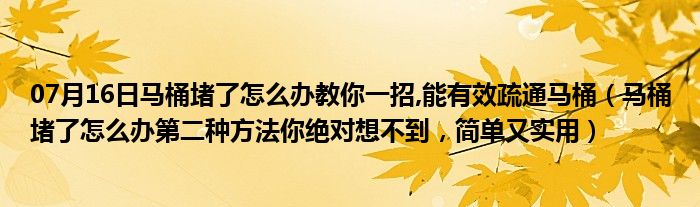 07月16日马桶堵了怎么办教你一招,能有效疏通马桶（马桶堵了怎么办第二种方法你绝对想不到，简单又实用）