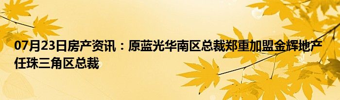 07月23日房产资讯：原蓝光华南区总裁郑重加盟金辉地产 任珠三角区总裁