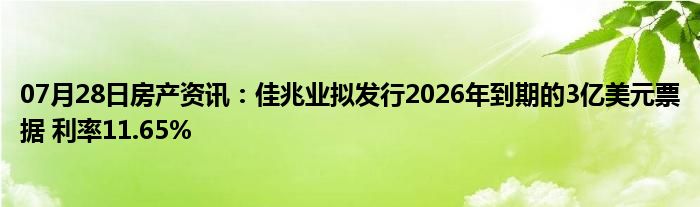 07月28日房产资讯：佳兆业拟发行2026年到期的3亿美元票据 利率11.65%