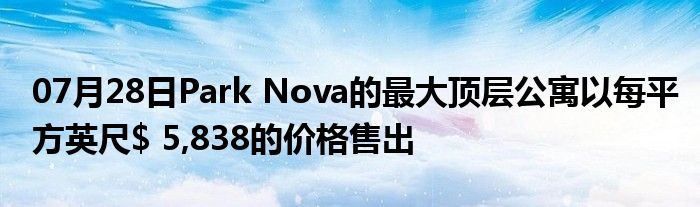 07月28日Park Nova的最大顶层公寓以每平方英尺$ 5,838的价格售出