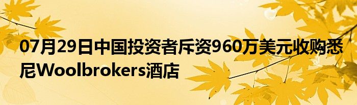 07月29日中国投资者斥资960万美元收购悉尼Woolbrokers酒店