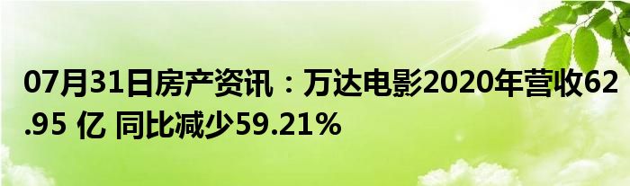 07月31日房产资讯：万达电影2020年营收62.95 亿 同比减少59.21%