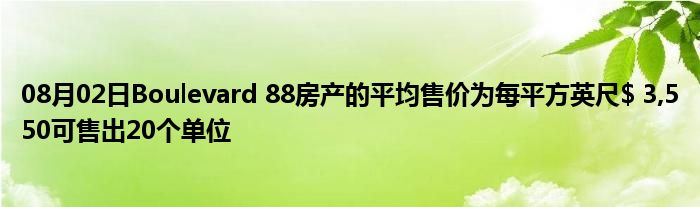 08月02日Boulevard 88房产的平均售价为每平方英尺$ 3,550可售出20个单位