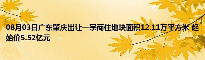 08月03日广东肇庆出让一宗商住地块面积12.11万平方米 起始价5.52亿元