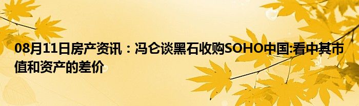 08月11日房产资讯：冯仑谈黑石收购SOHO中国:看中其市值和资产的差价