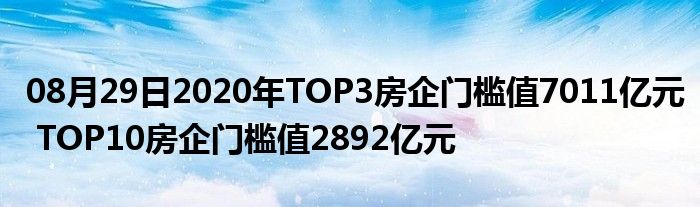 08月29日2020年TOP3房企门槛值7011亿元 TOP10房企门槛值2892亿元