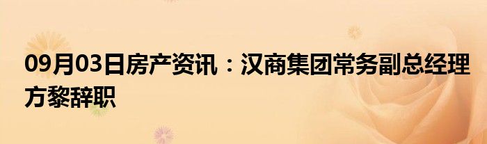 09月03日房产资讯：汉商集团常务副总经理方黎辞职