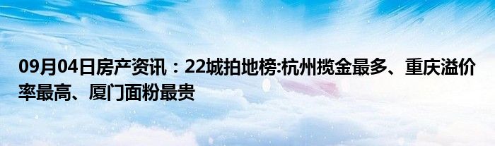 09月04日房产资讯：22城拍地榜:杭州揽金最多、重庆溢价率最高、厦门面粉最贵