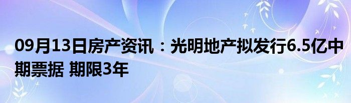 09月13日房产资讯：光明地产拟发行6.5亿中期票据 期限3年