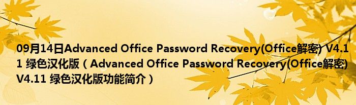 09月14日Advanced Office Password Recovery(Office解密) V4.11 绿色汉化版（Advanced Office Password Recovery(Office解密) V4.11 绿色汉化版功能简介）