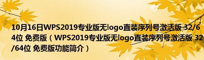 10月16日WPS2019专业版无logo直装序列号激活版 32/64位 免费版（WPS2019专业版无logo直装序列号激活版 32/64位 免费版功能简介）